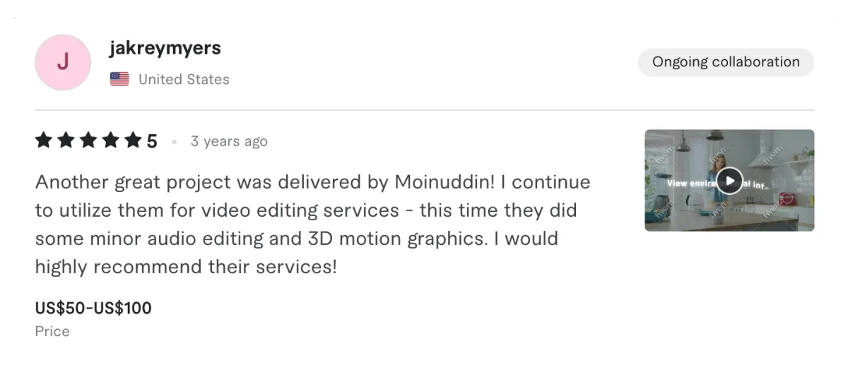 Fiverr review, five stars, United States: a client names Moinuddin and cites audio editing and 3D motion graphics