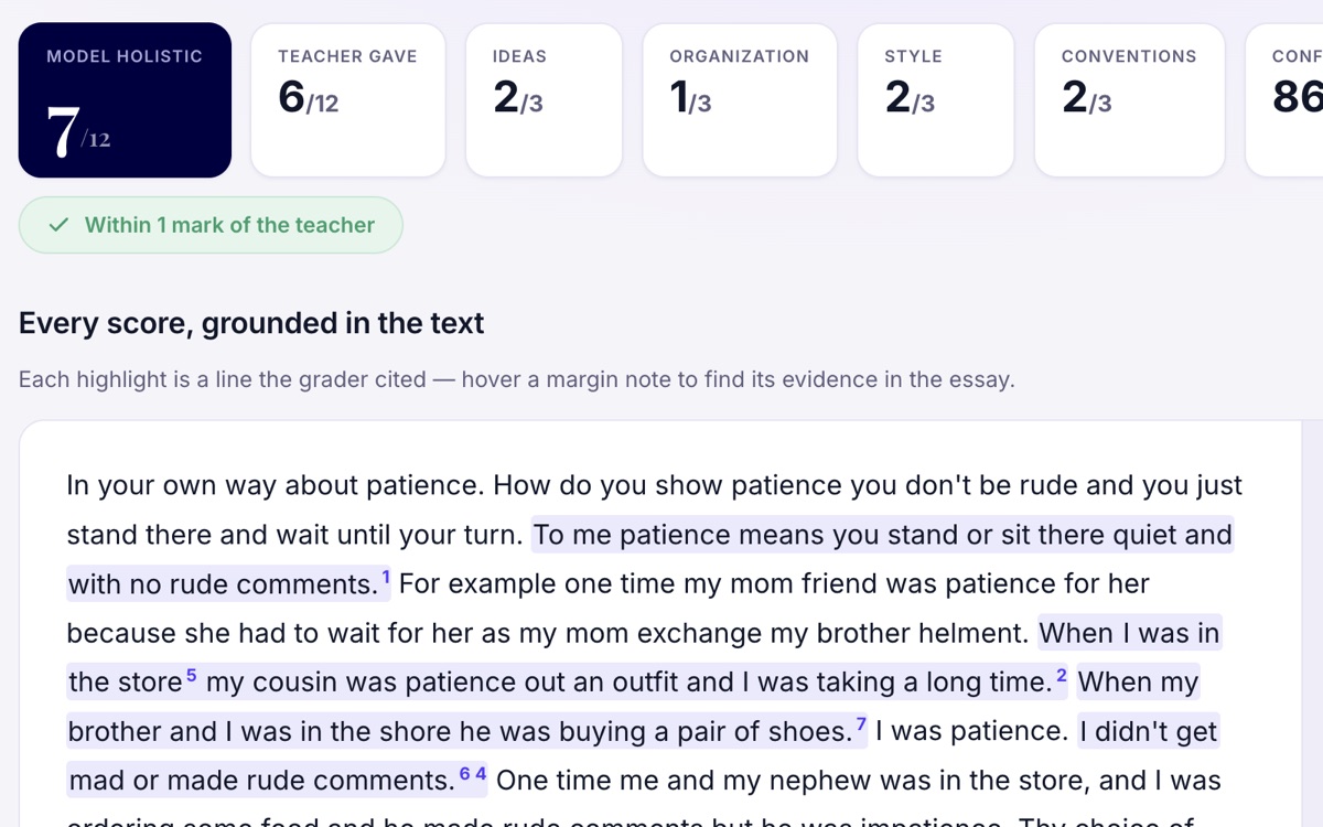 MarkAlign grading an essay, each score tied to a highlighted line in the text