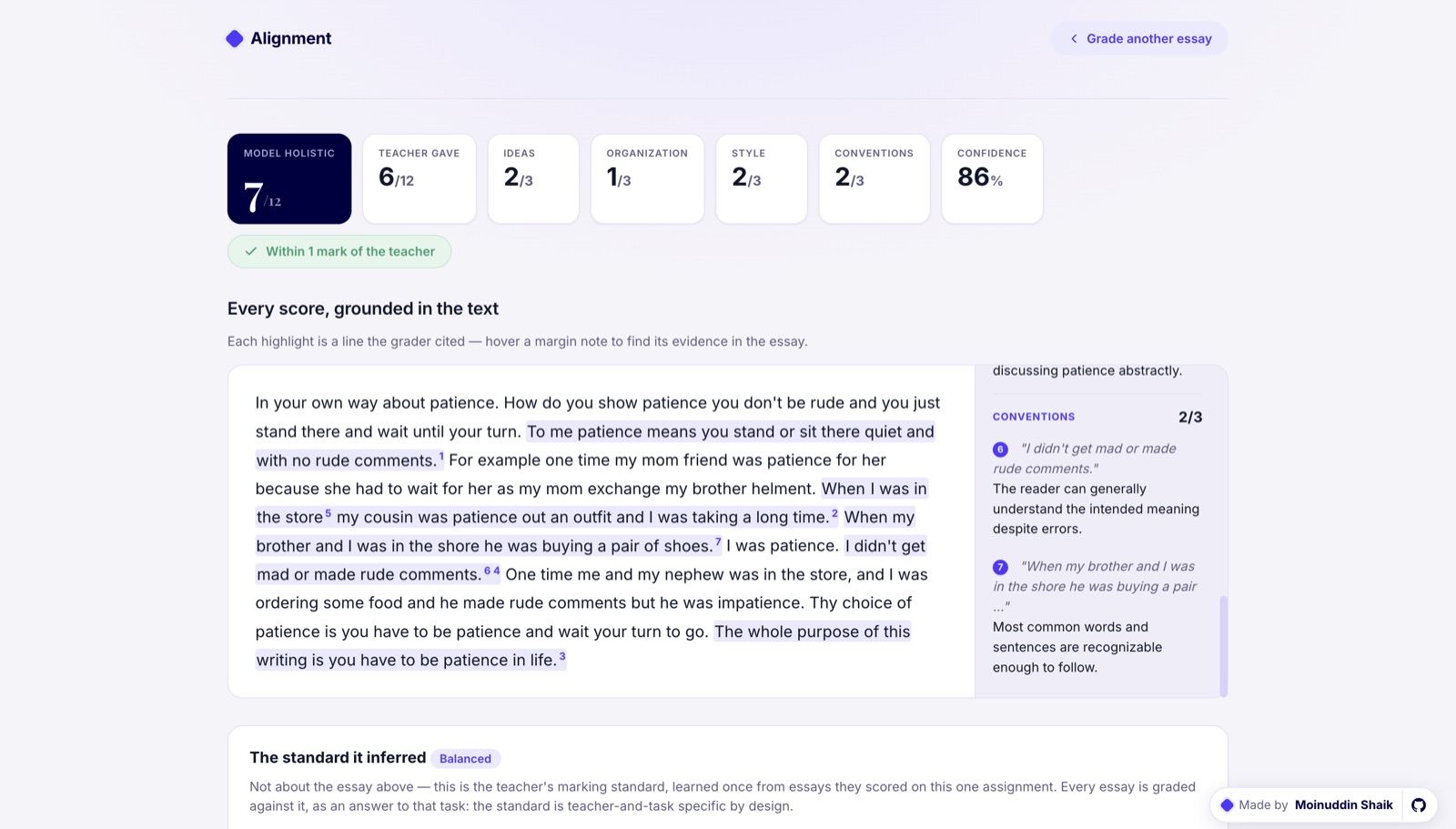 MarkAlign grading an essay: holistic and per-trait scores beside the teacher's mark, with every score tied to a highlighted line in the text
